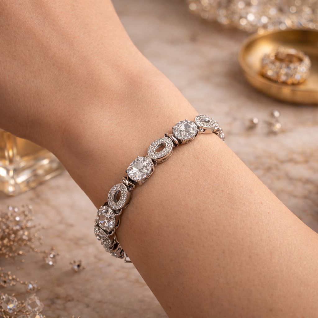 Crystal Ellipse Gümüş Renk Oval Taşlı Su Yolu Bileklik