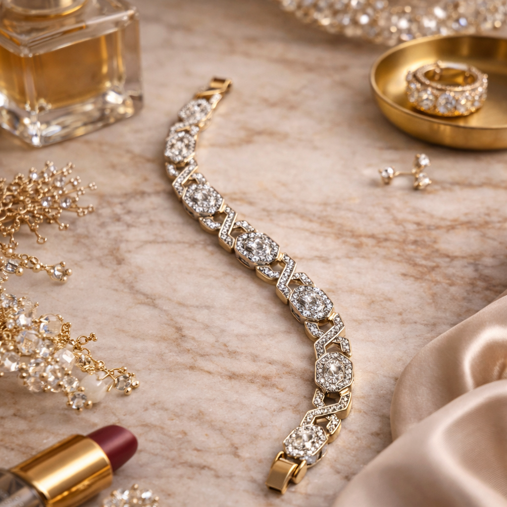 Gold Renk X Tasarımlı ve Geometrik Taşlı Abiye Bileklik