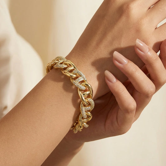 Iconic Gold Tam Tur Zirkon Taşlı Gurmet Zincir Bileklik